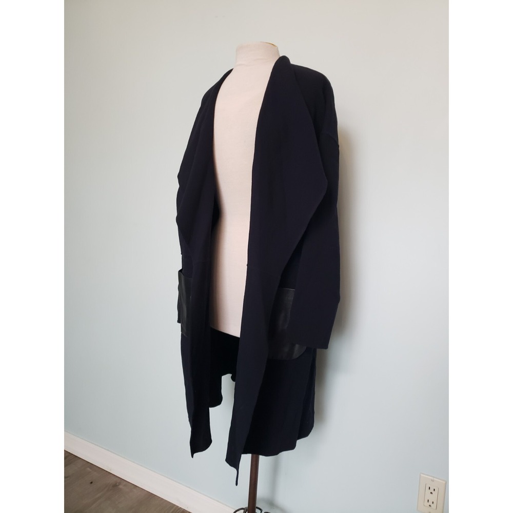Apostrophe Womens‎ 42 L 100% Wool Coat Belted Lambskin Leather Pockets Dark Navy - Picture 5 of 13